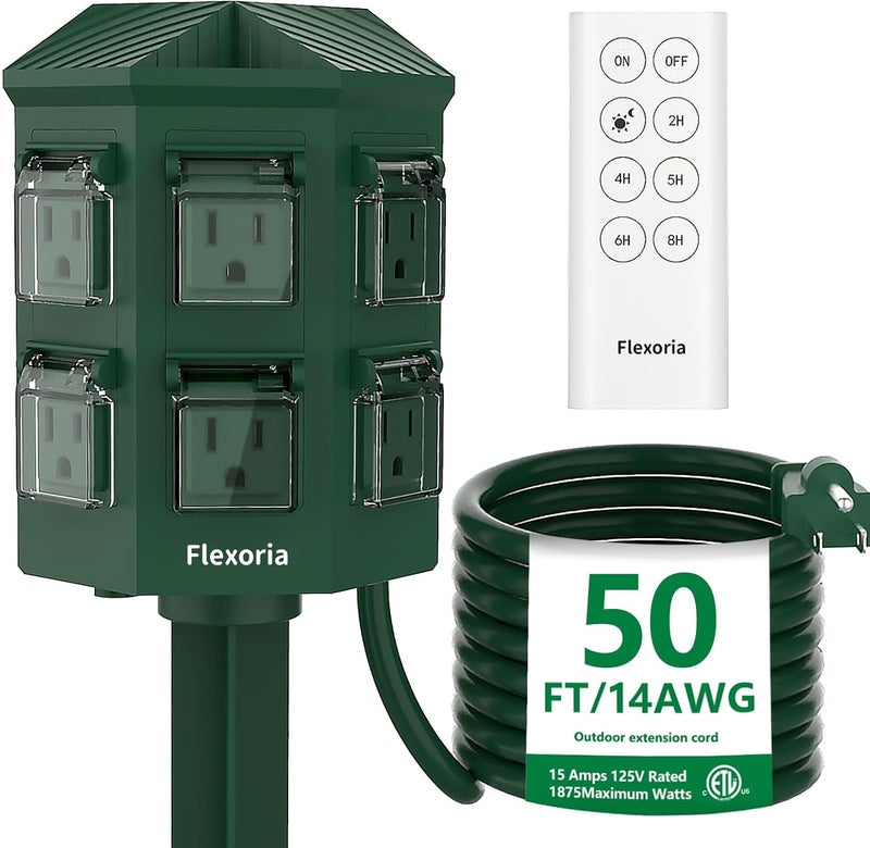 Flexoria Outdoor Power Stake Timer, Remote Control Dusk to Dawn Light Timer, 50FT Extension Cord Waterproof, 6 Grounded Outlets for Outdoor Christmas Decorations, ETL Listed - Image 1